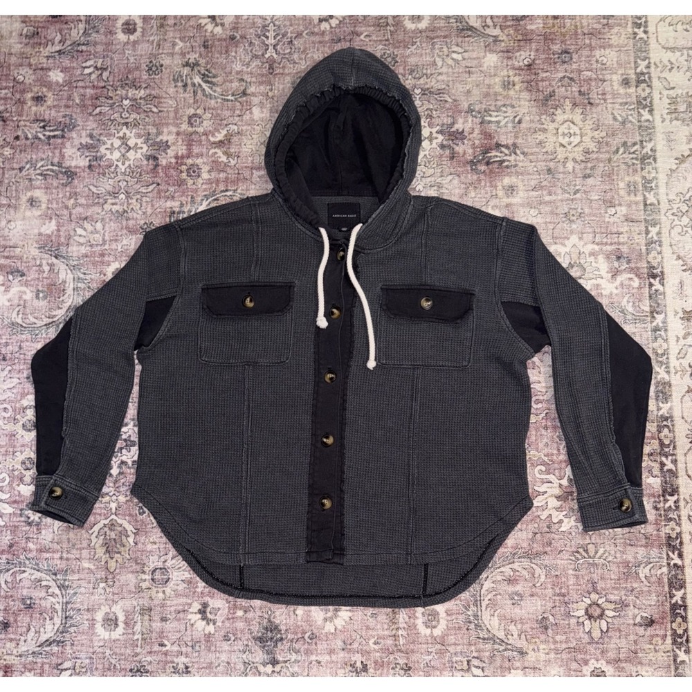 American Eagle Waffle Knit Hooded Shacket Gray Oversized‎ Button Front Small